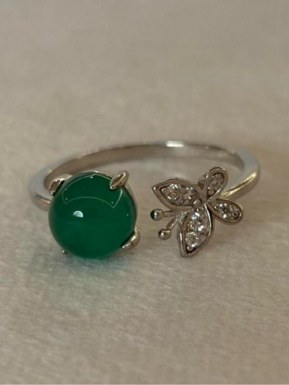 925 Sterling Silver Jade Green Cabochon & Bedazzled Butterfly Open Ring Size 7